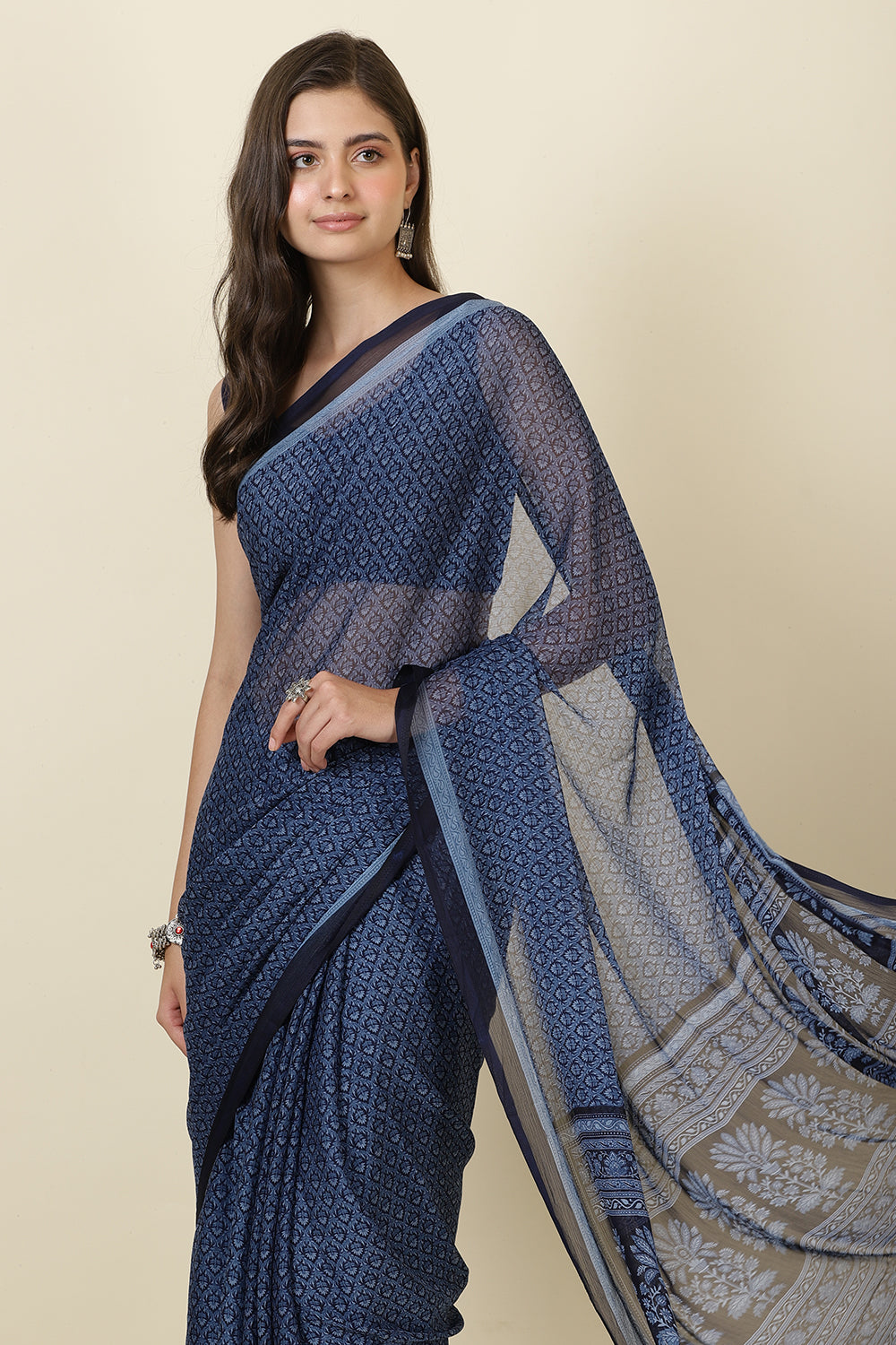 Navy Georgette Printed Saree