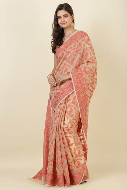 Beige Cotton Resham Woven Saree