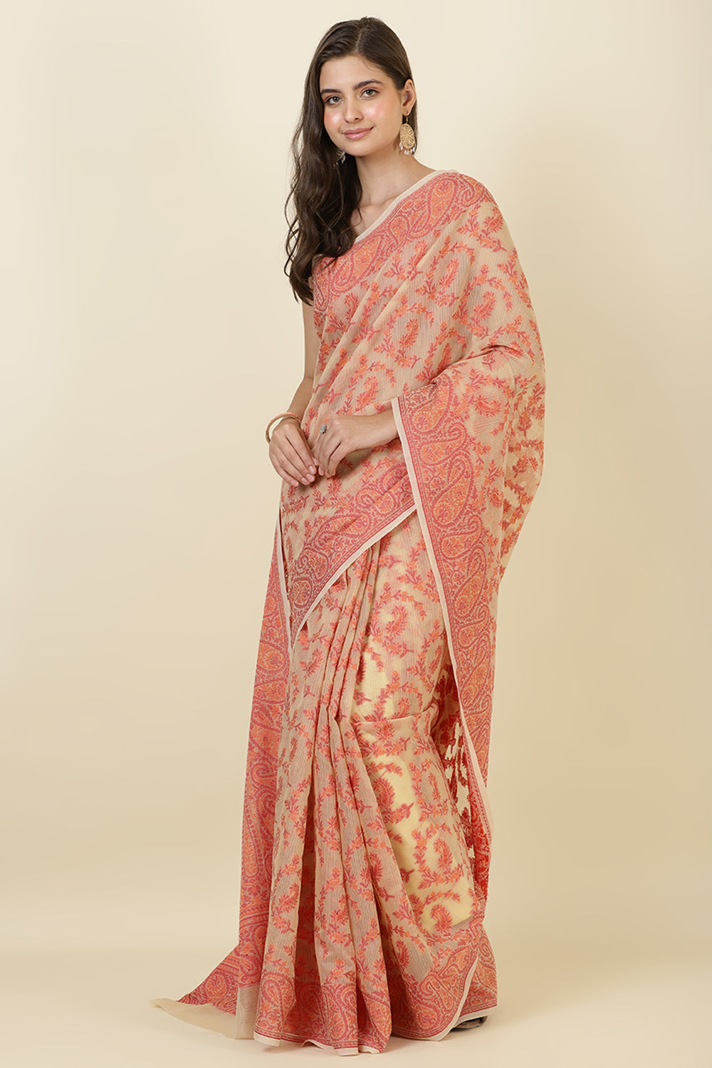 Beige Cotton Resham Woven Saree