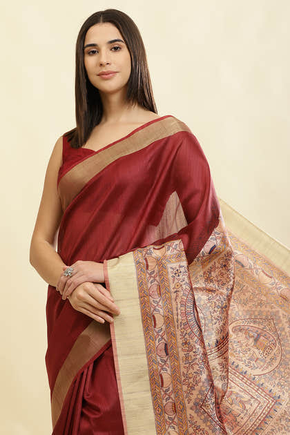 Maroon Color Cotton Silk Madhubani Print Saree
