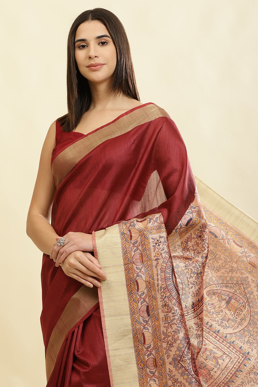 Maroon Color Cotton Silk Madhubani Print Saree