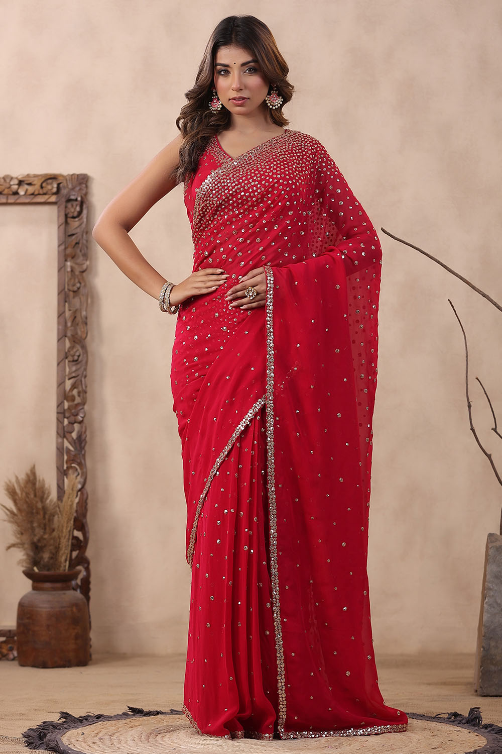 Fuchsia Pink Color Embroidered Georgette Saree With Readymade Blouse