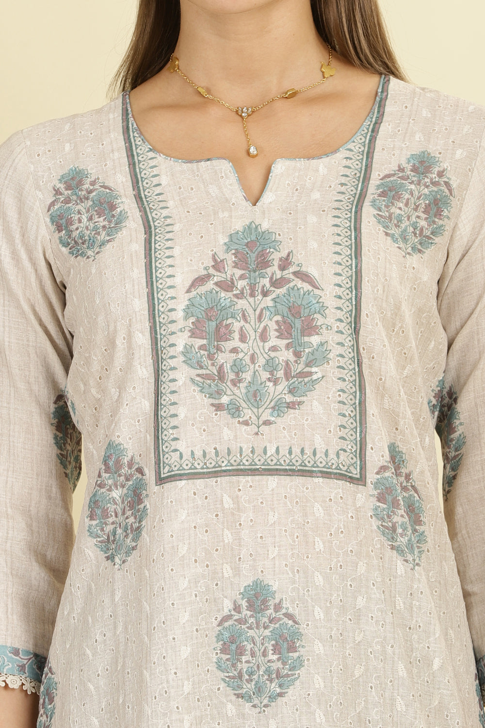 Cream Chanderi Cotton Hacoba Style & Floral Printed Unstitched Suit Material