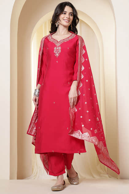 Rani Silk Neck Embroidered Suit Set With Woven Dupatta