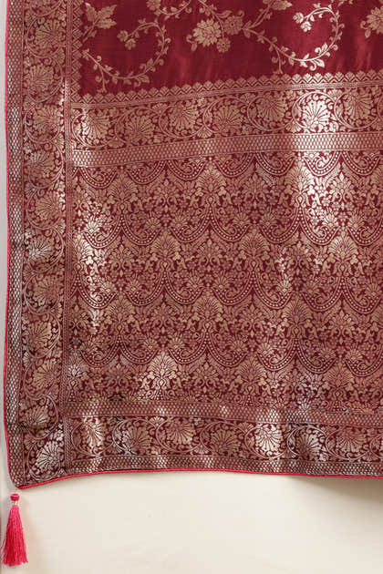 Dark Scarlet Banarasi Silk Zari Floral Zaal Woven Saree