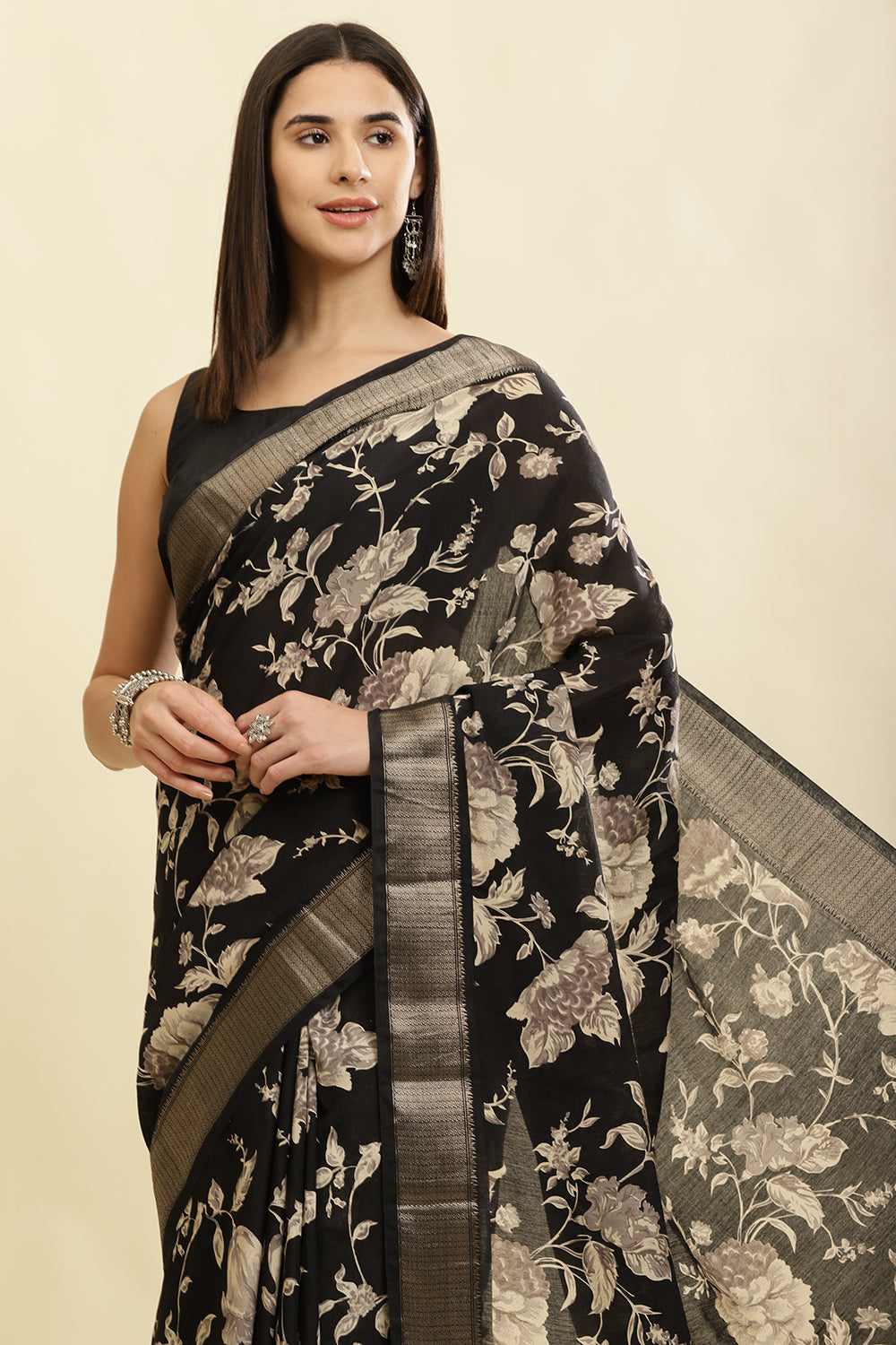 Black Cotton Silk Floral Printed & Zari Border Saree