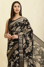 Black Cotton Silk Floral Printed & Zari Border Saree