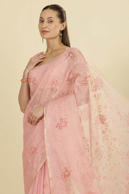 Pink Floral Resham Embroidered Cotton Saree