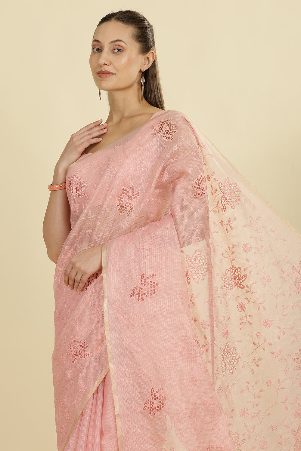 Pink Floral Resham Embroidered Cotton Saree