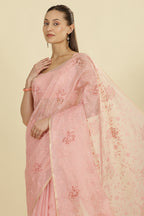Pink Floral Resham Embroidered Cotton Saree