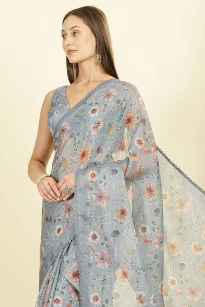 Grey Organza Floral Printed And Lace Work Saree