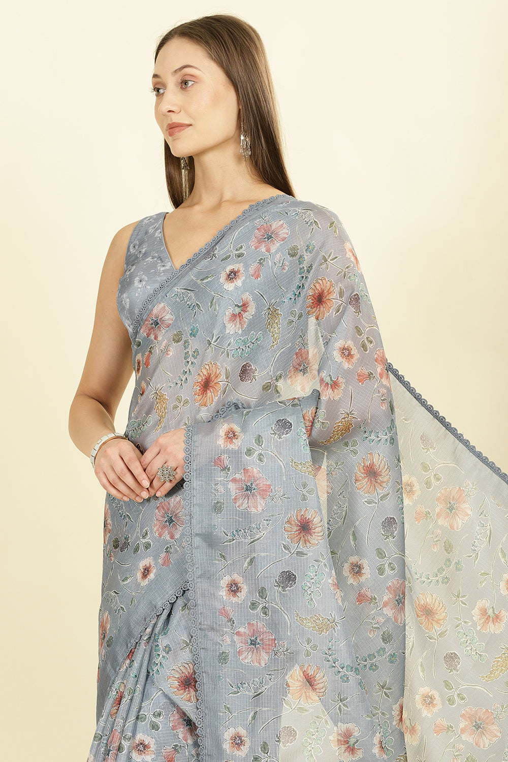 Grey Organza Floral Printed And Lace Work Saree