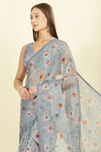 Grey Organza Floral Printed And Lace Work Saree