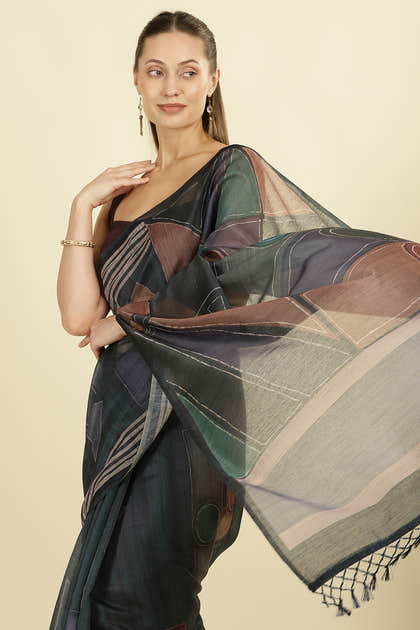 Teal Organza Cotton Printed Saree