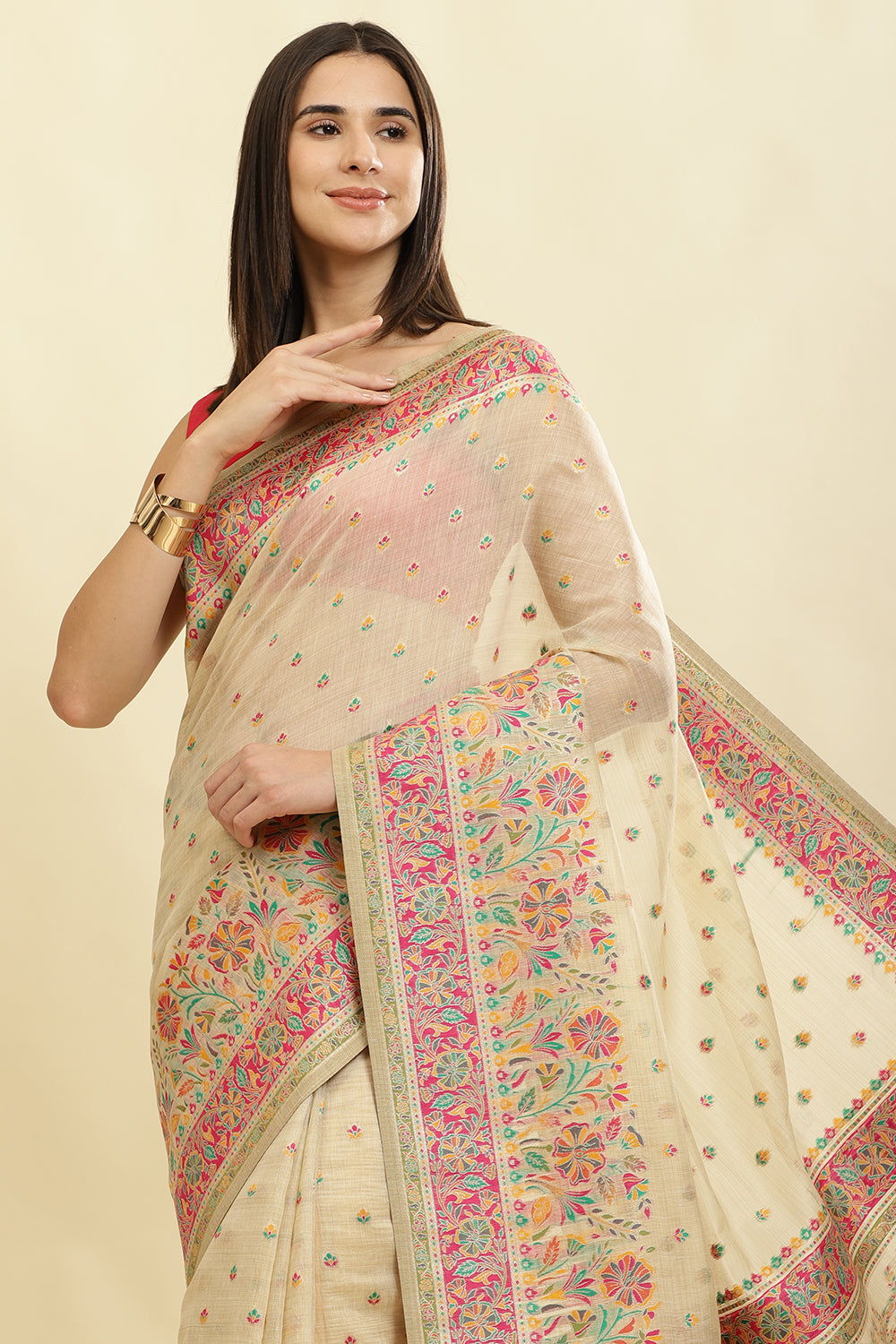 Beige Chanderi Cotton kashida Weaves Saree