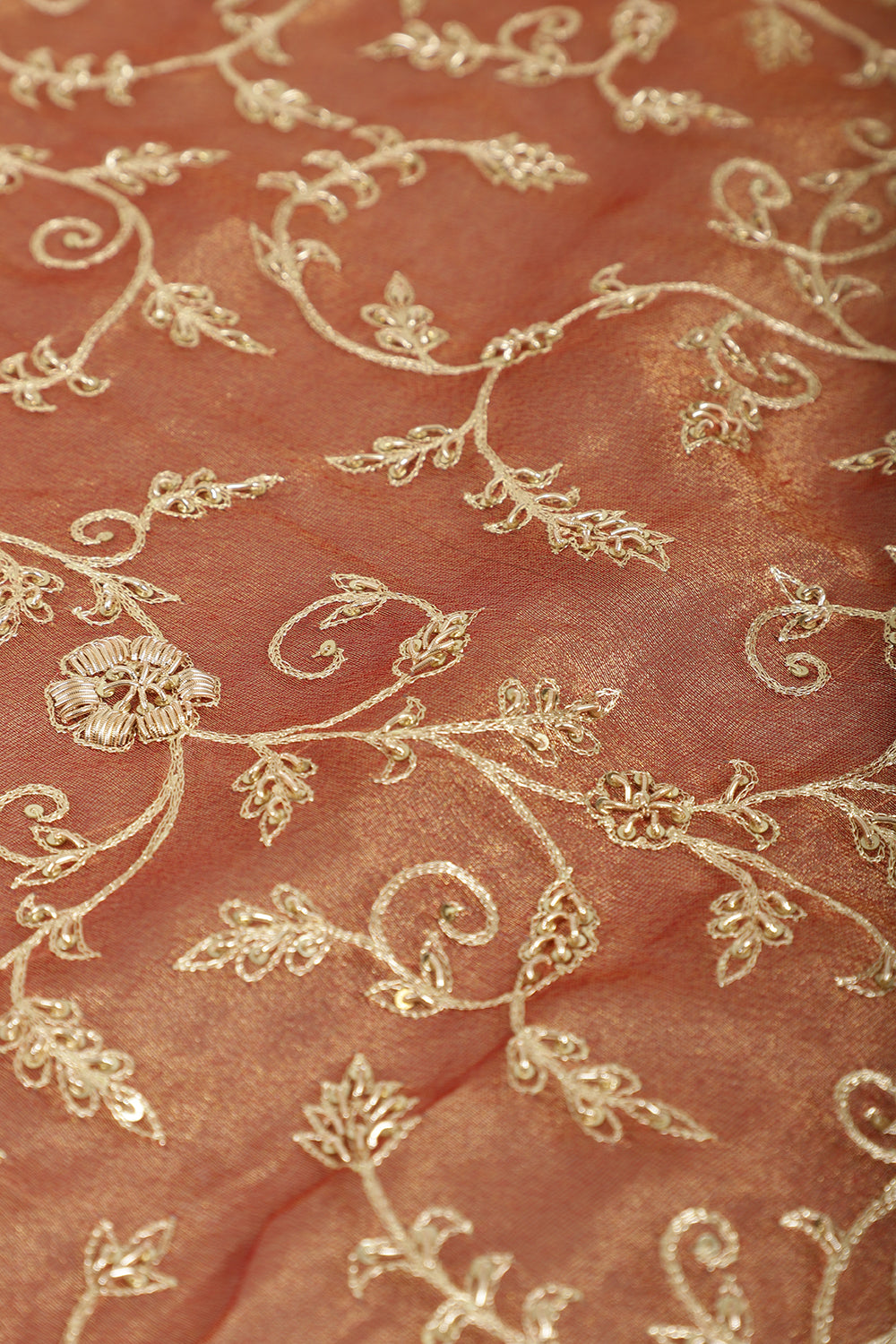 Copper Gold Pure Tissue Silk Saree with Aari & Zardozi Handwork