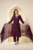Dark Scarlet Silk Embroidered Suit Set