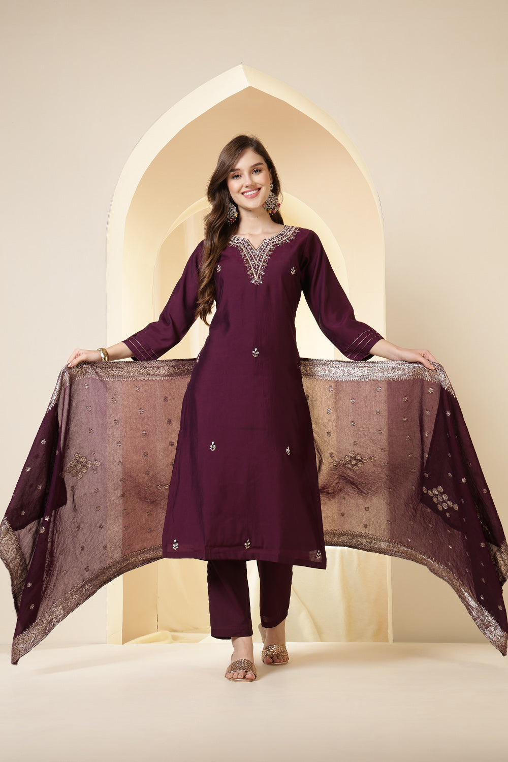 Dark Scarlet Silk Embroidered Suit Set