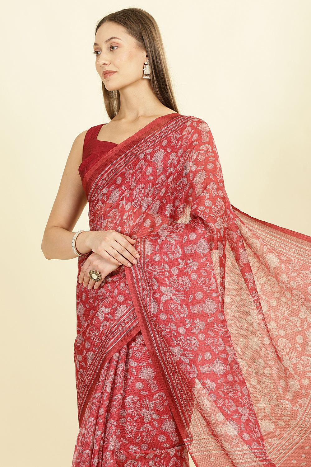 Maroon Kota Cotton Floral Jaal Printed Saree