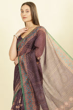 Dirty Purple Organza Cotton Bandhani Block Printed Saree
