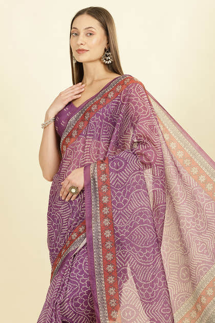Purple Bandhani Printed Cotton Saree
