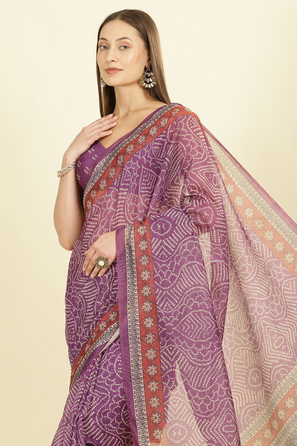 Purple Bandhani Printed Cotton Saree