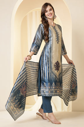 Blue Color Chanderi Silk Printed Straight Suit