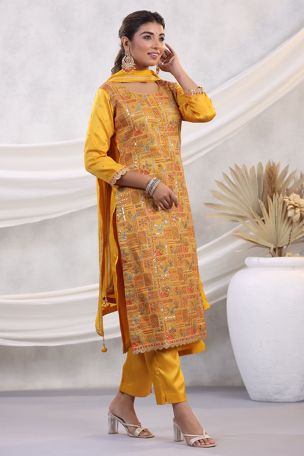 Mustard Color Embroidered Georgette Unstitched Suit Fabric