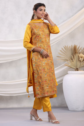 Mustard Color Embroidered Georgette Unstitched Suit Fabric
