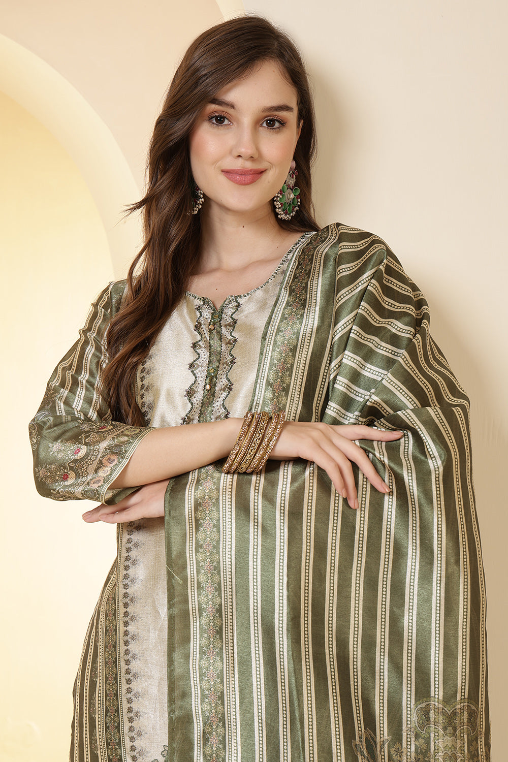 Green Color Chanderi Silk Printed Straight Suit