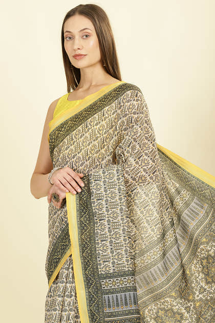Olive Green Ajrakh Block Printed Cotton Saree