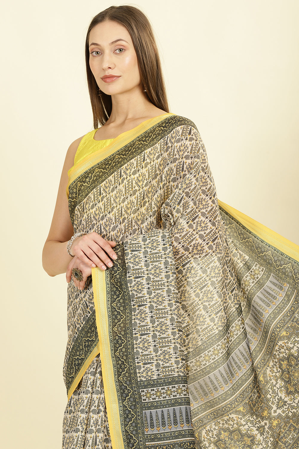 Olive Green Ajrakh Block Printed Cotton Saree