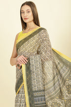 Olive Green Ajrakh Block Printed Cotton Saree