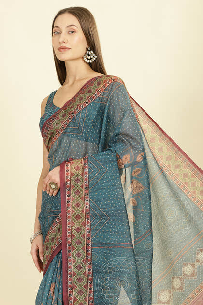 Blue Organza Cotton Bandhani Block Printed Saree