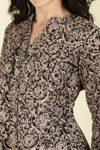 Black Cotton Kalamkari Printed Peonies Dress