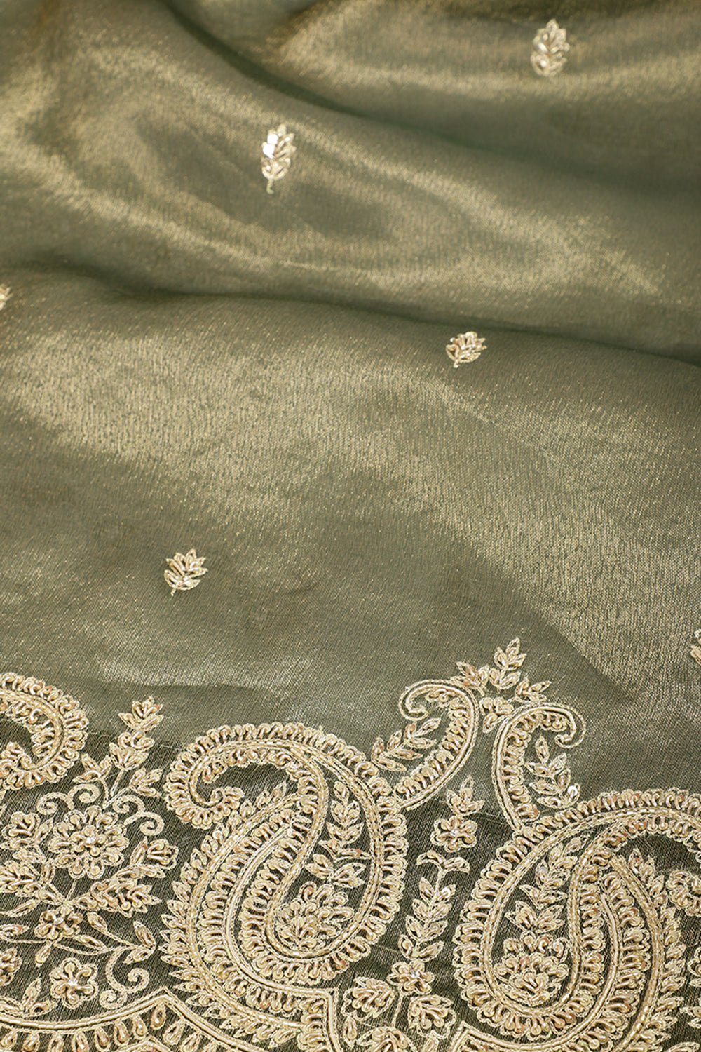 Mehandi Color Pure Tissue Handloom Saree with Sequence & Zardozi Handwork