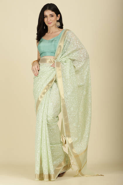 Pista Green Kota Cotton Floral Resham Woven Saree