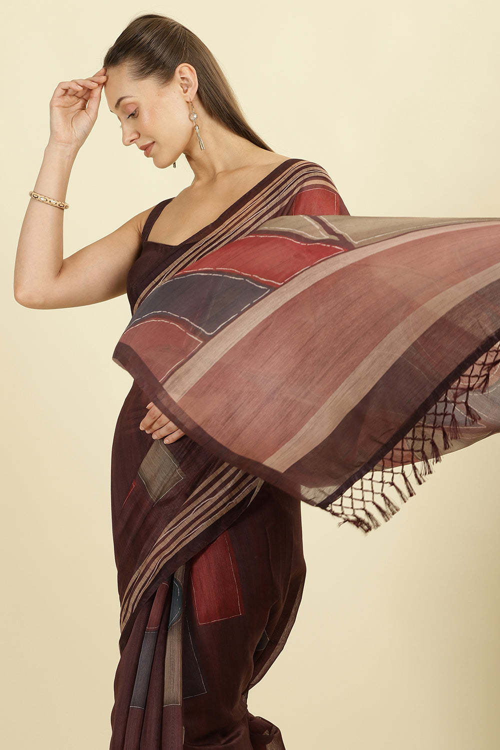 Wine Organza Cotton Printed Saree