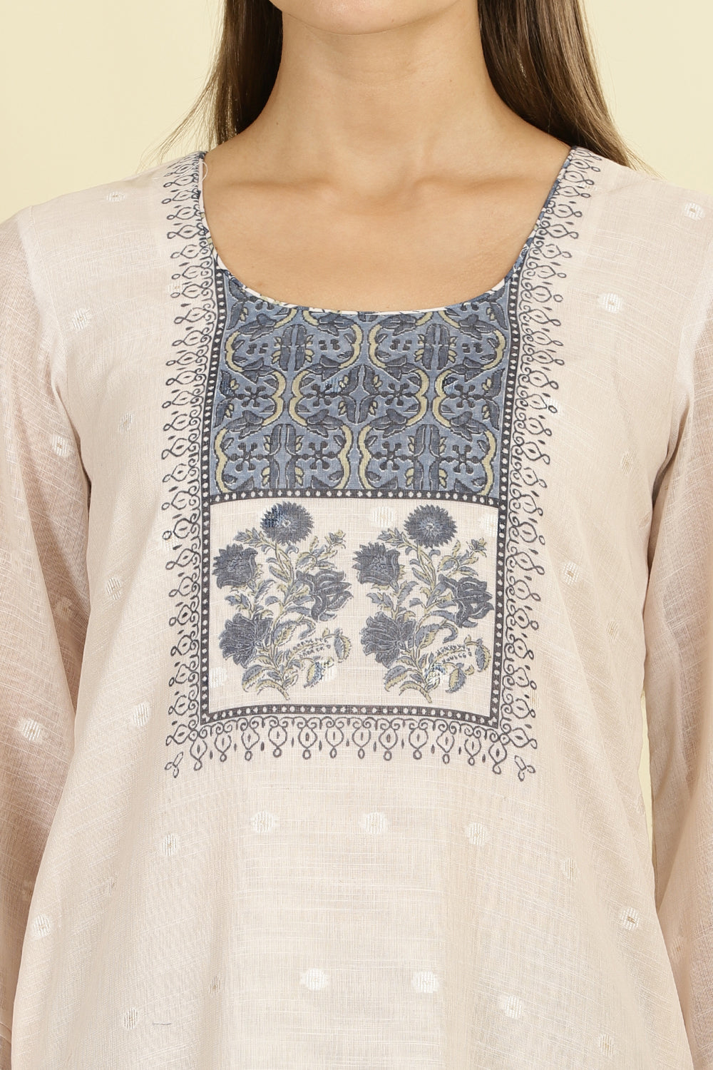 Cream & Blue Cotton Printed Unstitched Suit Material