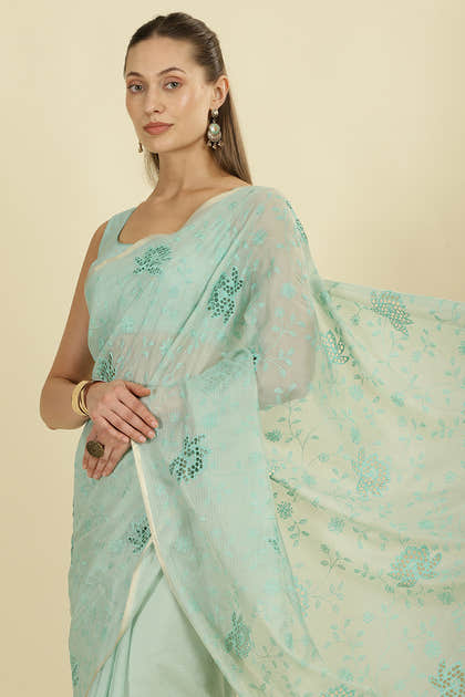 Turquoise Floral Resham Embroidered Cotton Saree