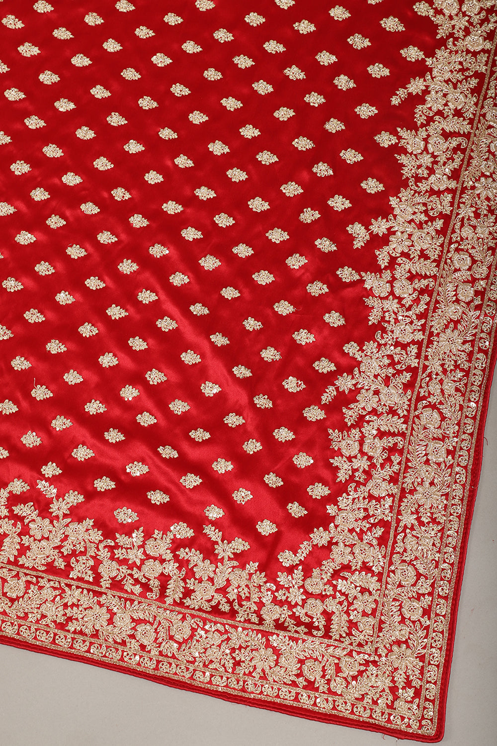Red Color Pure Satin Crepe Saree with Full Zardozi Handwork
