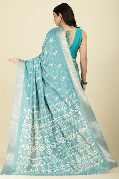 Turqouise Cotton Silk Printed And Zari Woven Saree
