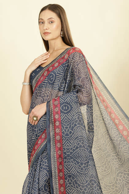 Navy Bandhani Printed Cotton Saree