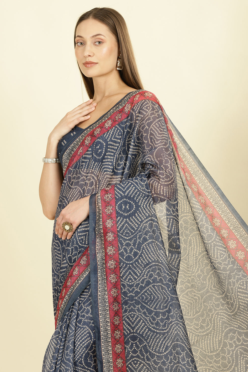 Navy Bandhani Printed Cotton Saree