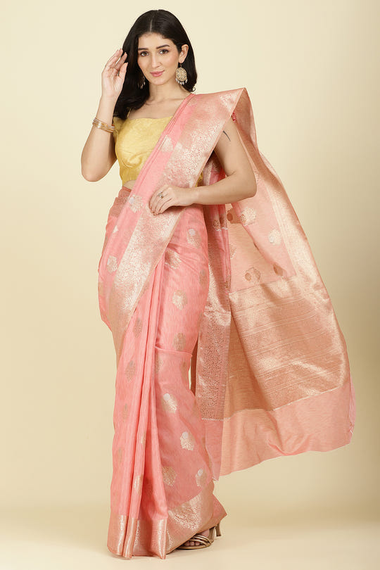 Peach Cotton Zari Woven Saree