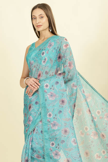 Sea Green Organza Floral Printed And Lace Work Saree