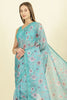 Sea Green Organza Floral Printed And Lace Work Saree