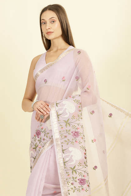 Mauve Kota Cotton Floral Resham Embroidered And Zari Woven Saree