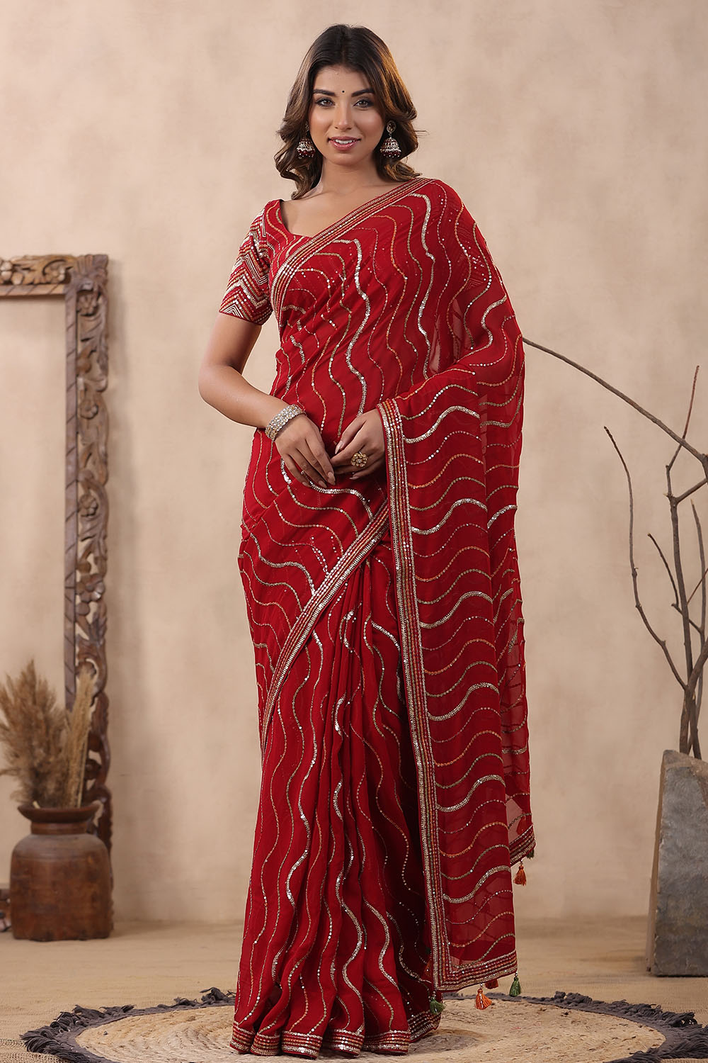 Grey Colour Sequins Work Georgette Saree.