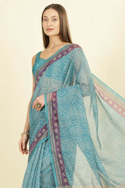 Teal Bandhani Printed Cotton Saree